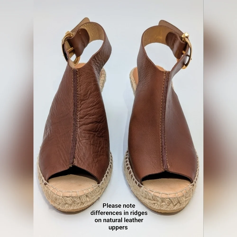 Kanna Peep Toe Spain Slingback Brown Leather Espadrille Wedge Sandals Size‎ 6.5